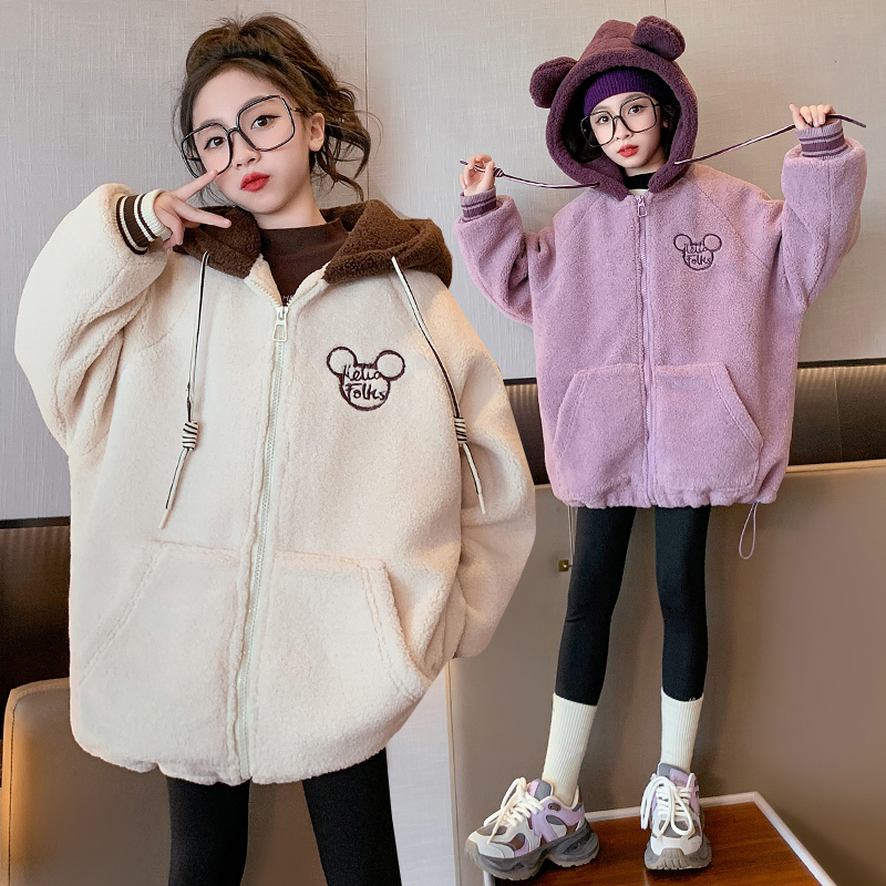 女童毛毛衣外套秋冬款2023新款洋气女大童加绒加厚儿童羊羔绒外套