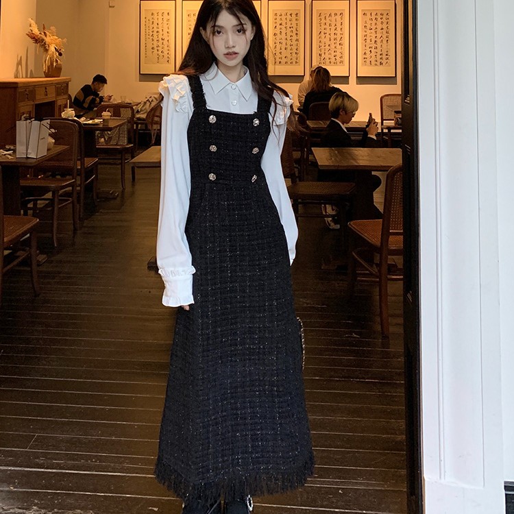 高级感小香编织毛边流苏设计背带连衣裙法式气质长袖白T套装秋季