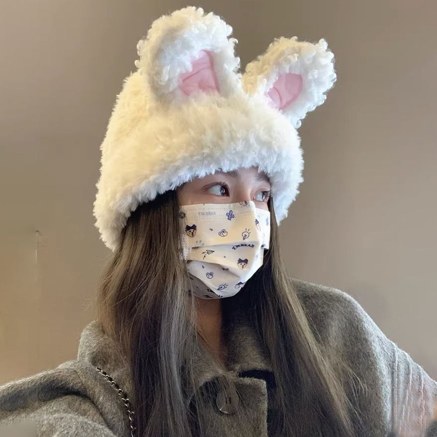 韩系可爱毛绒兔耳朵帽子女秋冬保暖针织帽护耳显脸小冷帽包头潮帽