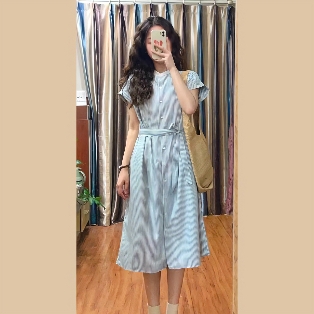 条纹小飞袖连衣裙女夏季新款系带收腰衬衫裙气质减龄出游穿搭裙子