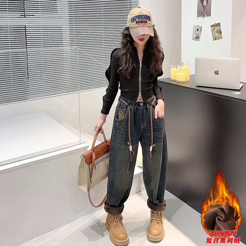 女童老爹裤秋冬加绒加厚2023新款中大童休闲裤韩版宽松儿童哈伦裤