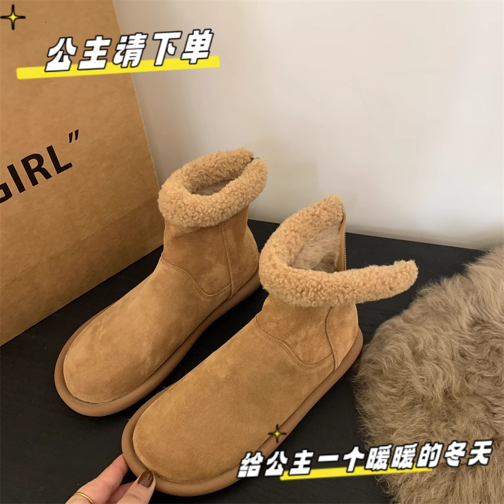 泥巴黄雪地靴复古外穿保暖加绒棉靴厚底毛毛鞋短靴高颜值雪地靴