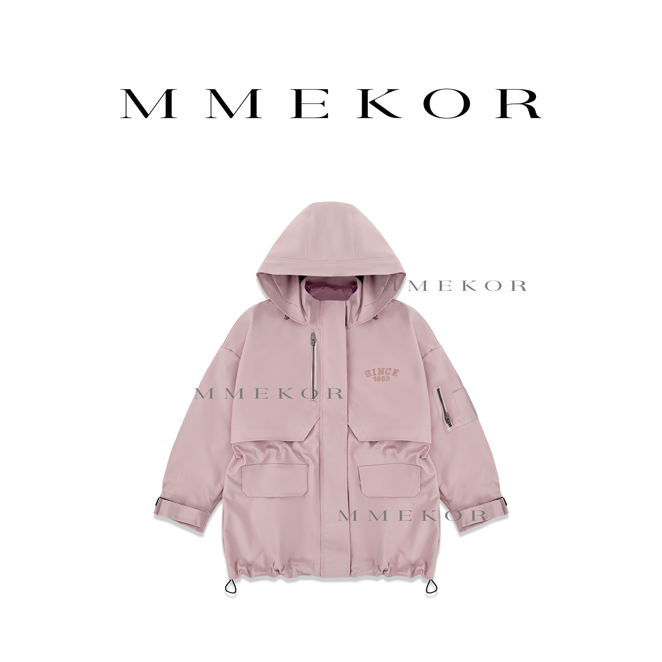 MMEKOR 韩系刺绣工装风外套 86496     设计感口袋连帽粉色外套