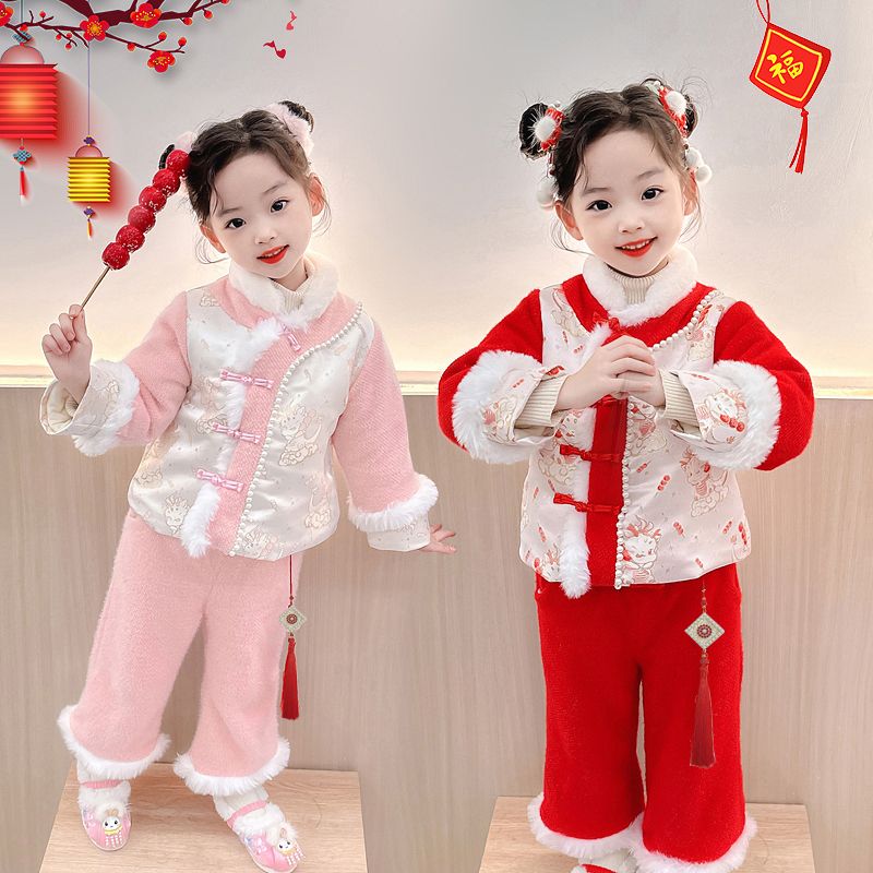 汉服小童冬款新款拜年服加绒宝宝儿童加厚唐装两件套女孩秋冬新