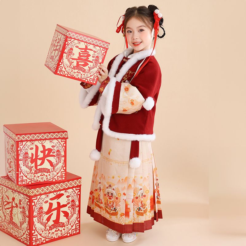 服装棉袄女童中国风新年喜庆拜年服加厚加绒过年儿童唐装马面