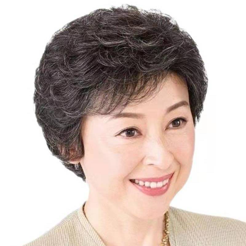 假发女士短发花白奶奶中老年假发套真发短卷发表演花白假发整顶