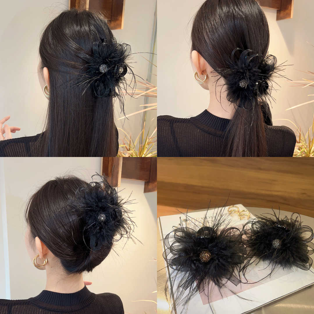 婉之恋高级感气质轻奢时尚浪漫毛毛抓夹网纱抓夹头花羽毛发夹头饰