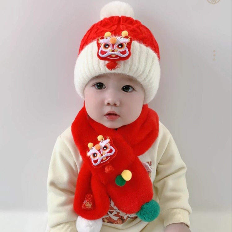 婴儿帽新年红色醒狮拜年儿童宝宝帽子冬季醒狮帽婴幼儿婴儿帽子