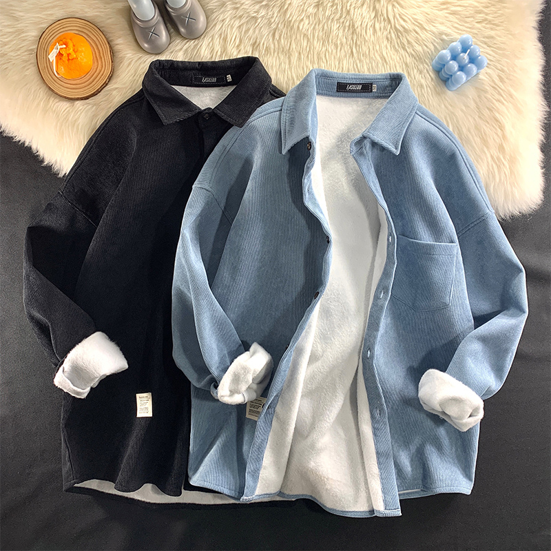 灯芯绒衬衫男士春秋冬季新款加绒加厚长袖外套保暖痞帅情侣装衬衫