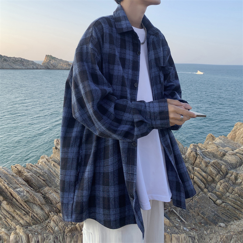 美式格子长袖衬衫男士春秋季2023新款复古高级感潮牌冬装男生衬衫