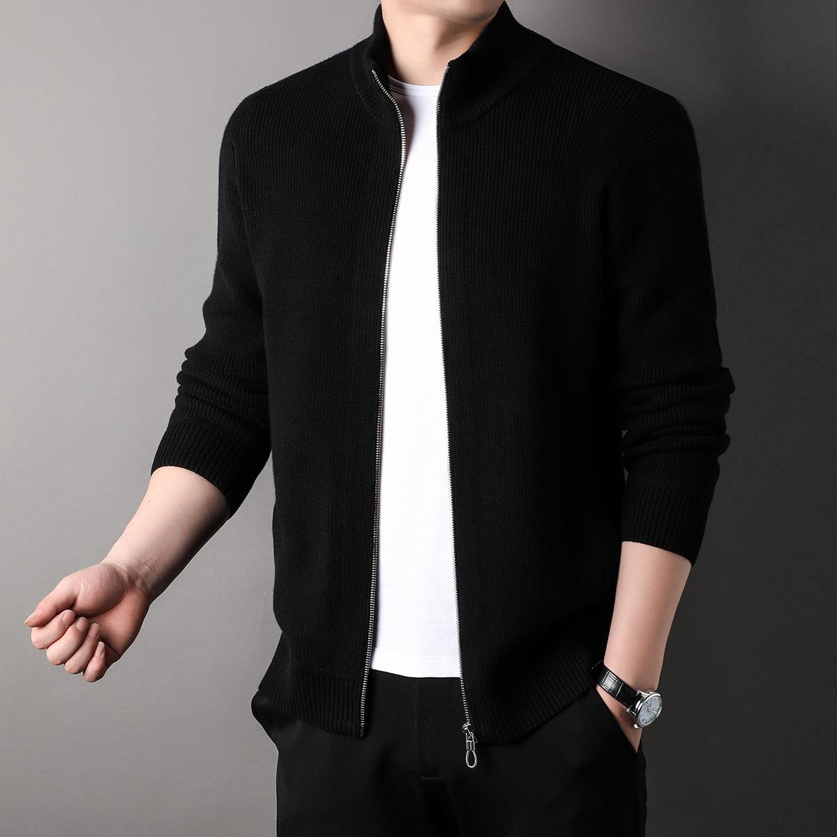 立领精纺羊毛衫男长袖针织开衫纯色毛衣秋冬季加厚男装潮流外套