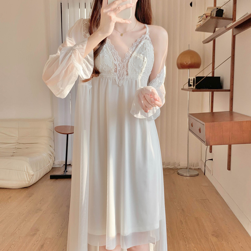 睡裙女款春秋季甜美性感高级感吊带睡袍网纱莫代尔两件套蕾丝新款