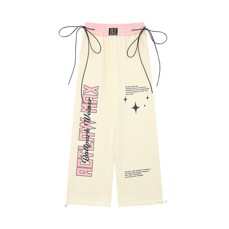 FINDYOHO杏色运动裤女秋冬字母印花高腰抽绳卫裤垂坠感直筒潮裤子