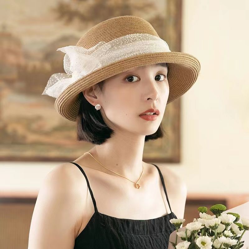 新款草帽女夏季蕾丝遮阳帽女式防晒帽日系时尚遮脸卷边草编帽子潮