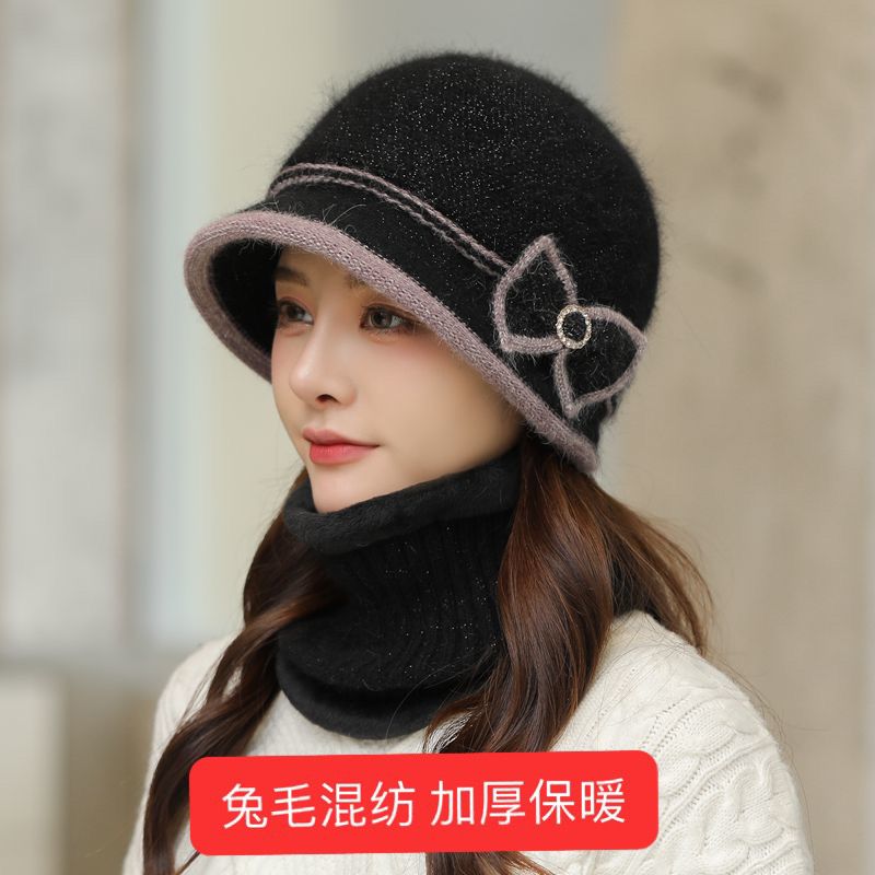 蝴蝶结帽子女秋冬加绒加厚气质针织毛线帽韩版显瘦显脸小保暖盆帽