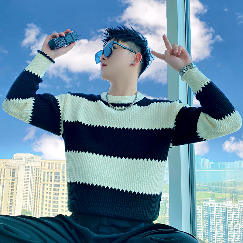 冬季2023新款潮牌条纹毛衣男款长袖针织衫时尚休闲套头爆款上衣服