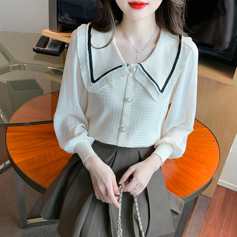 2023年秋装新款甜美减龄娃娃领长袖针织衫女士钉珠气质泡泡袖上衣