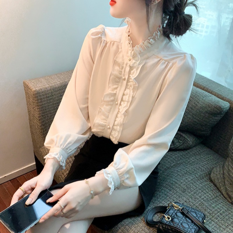 2024春秋新款少女感荷叶边立领雪纺女士时髦温柔风ins设计感衬衫
