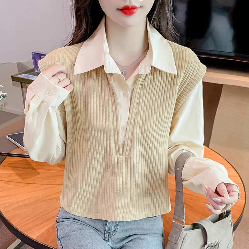 秋冬2024洋气宽松假两件衬衫女士polo领拼接针织衬衣长袖短款上衣