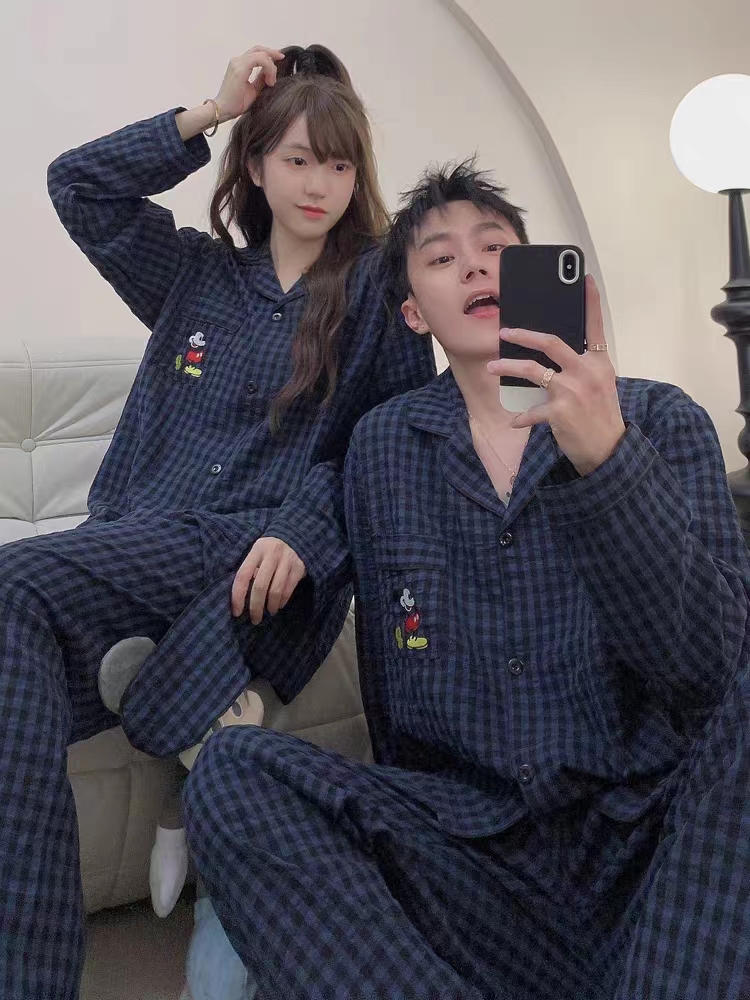 格子米奇卡通男女情侣睡衣套装春秋学生翻领可外穿家居服两件套潮
