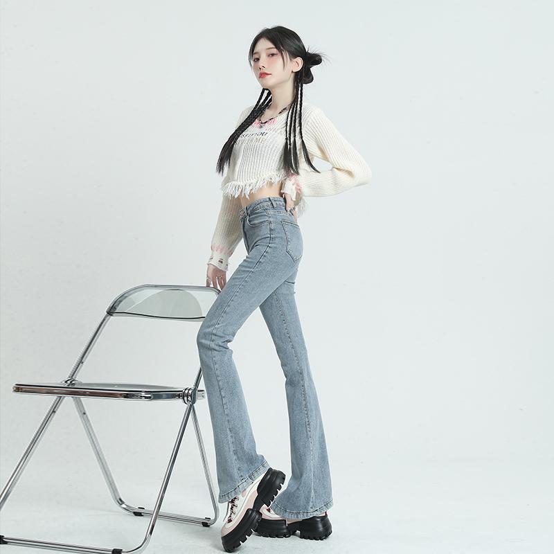 CHRISUNO美式高腰微喇牛仔裤女2023年秋冬新款百搭显瘦马蹄长裤子