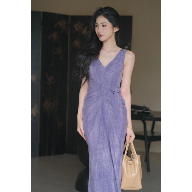 【郁金香画扇】国风新中式高级感别致绝美小众紫色无袖连衣裙长裙子
