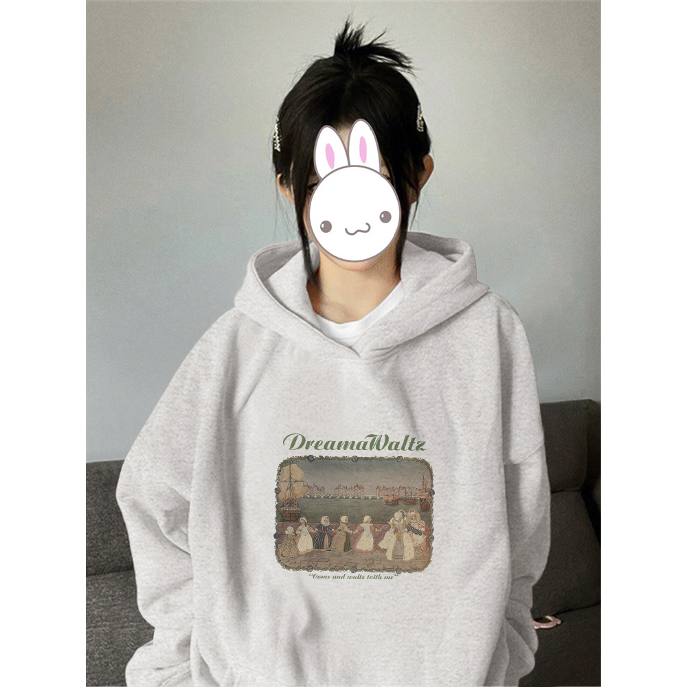 美式复古微胖女生正肩卫衣女2023新款秋冬季宽松大码灰色连帽外套