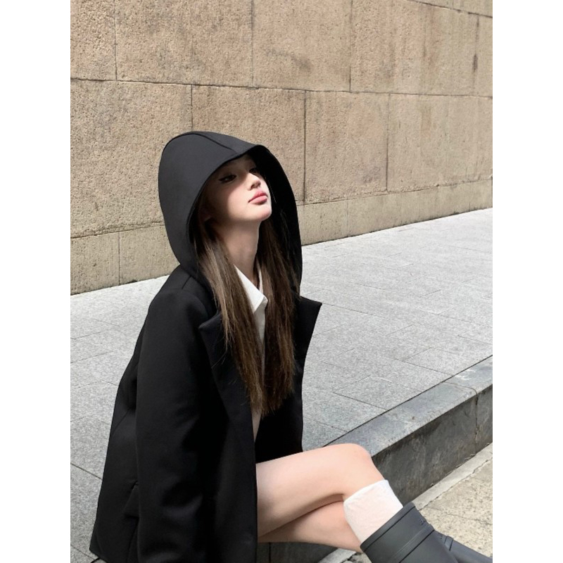 秋季黑色设计感连帽西装外套女宽松中长款开衫外搭高级感休闲上衣