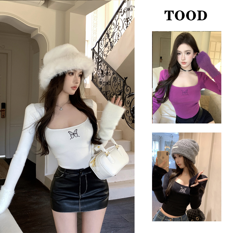 毛毛袖蝴蝶刺绣针织衫女秋冬季白色毛衣内搭方领修身短款打底上衣