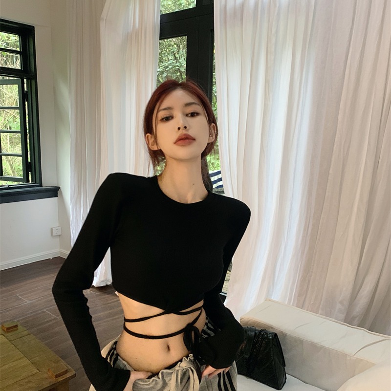 显瘦气质辣妹黑色长袖T恤女秋季性感修身短款露脐绑带打底衫上衣