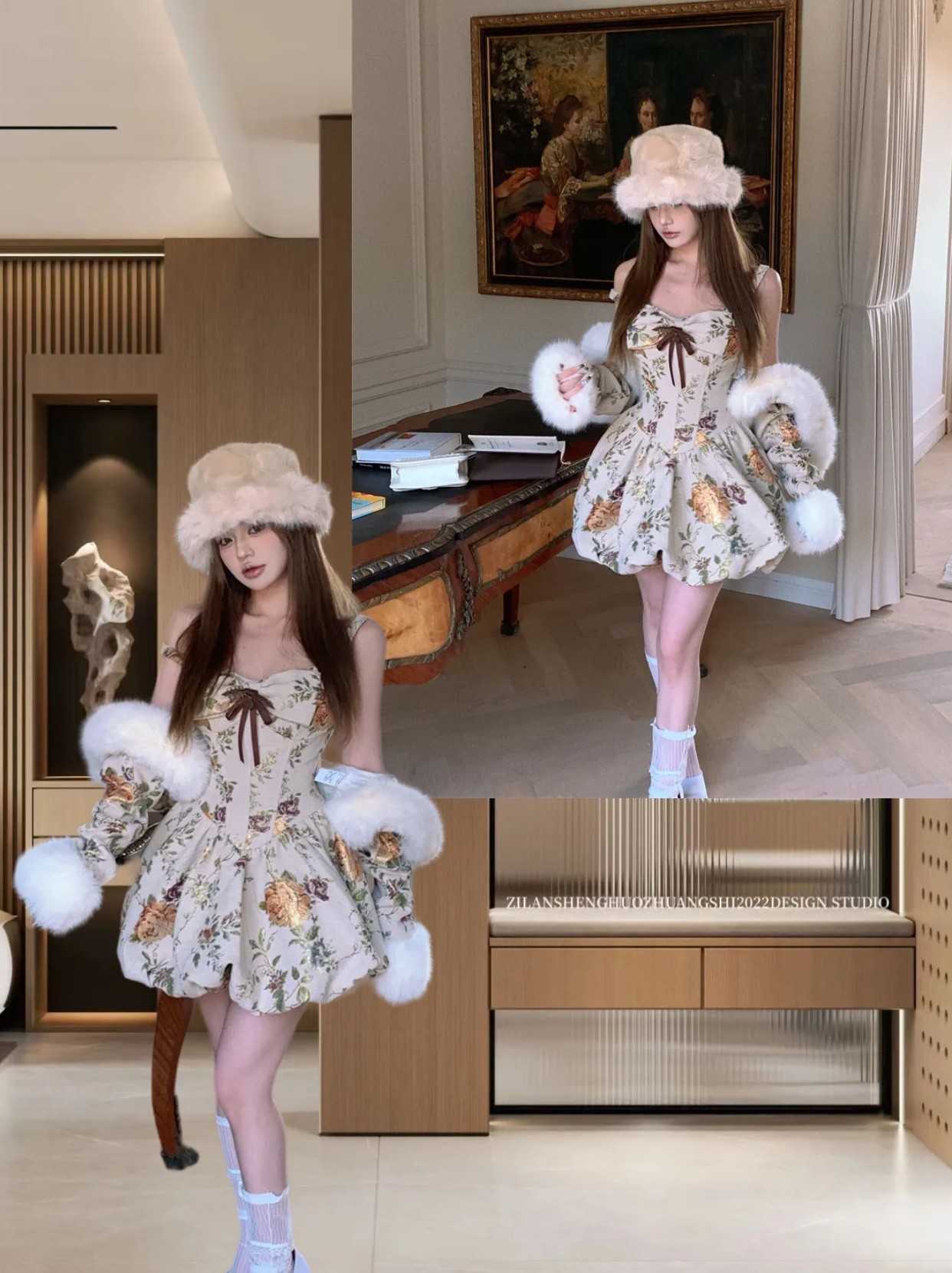 毛绒短款外套新中式国风套装女洋气鱼骨收腰花苞吊带连衣裙两件套