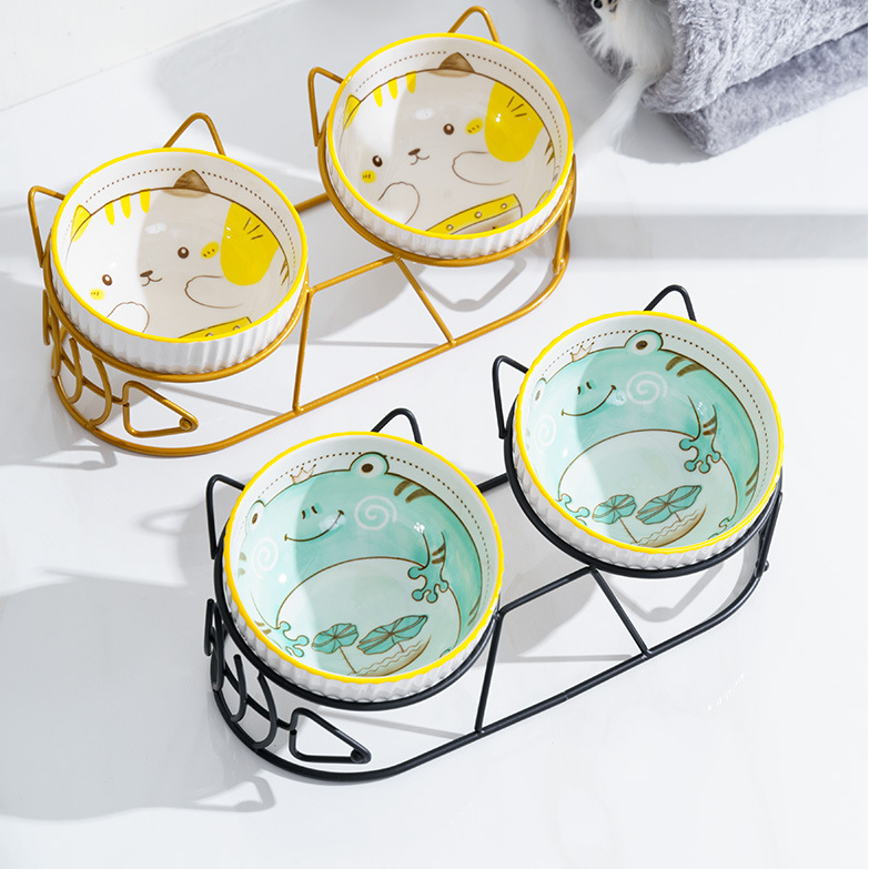 猫碗双碗陶瓷猫食盆狗碗宠物碗猫粮水碗固定增高架保防打翻