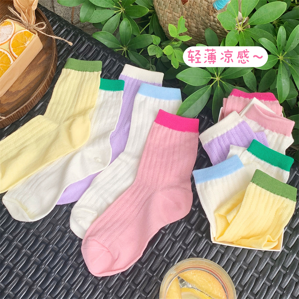 百搭轻薄可爱彩色撞色堆堆袜女日系ins风透气薄款网眼中筒袜子