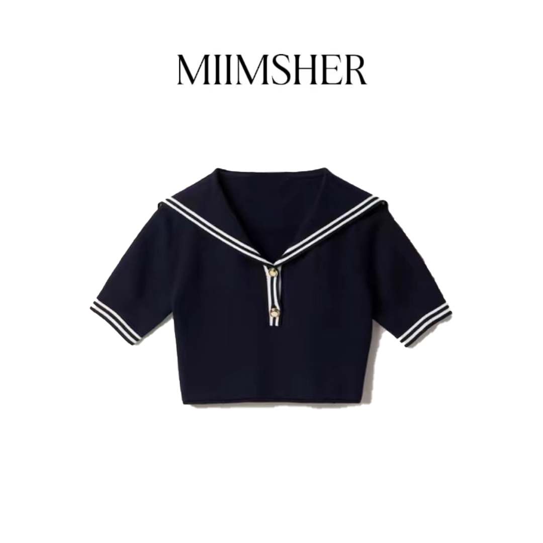 MIIMSHER绽放初夏新款海军领短袖针织衫显瘦女学院风夏季MS234113