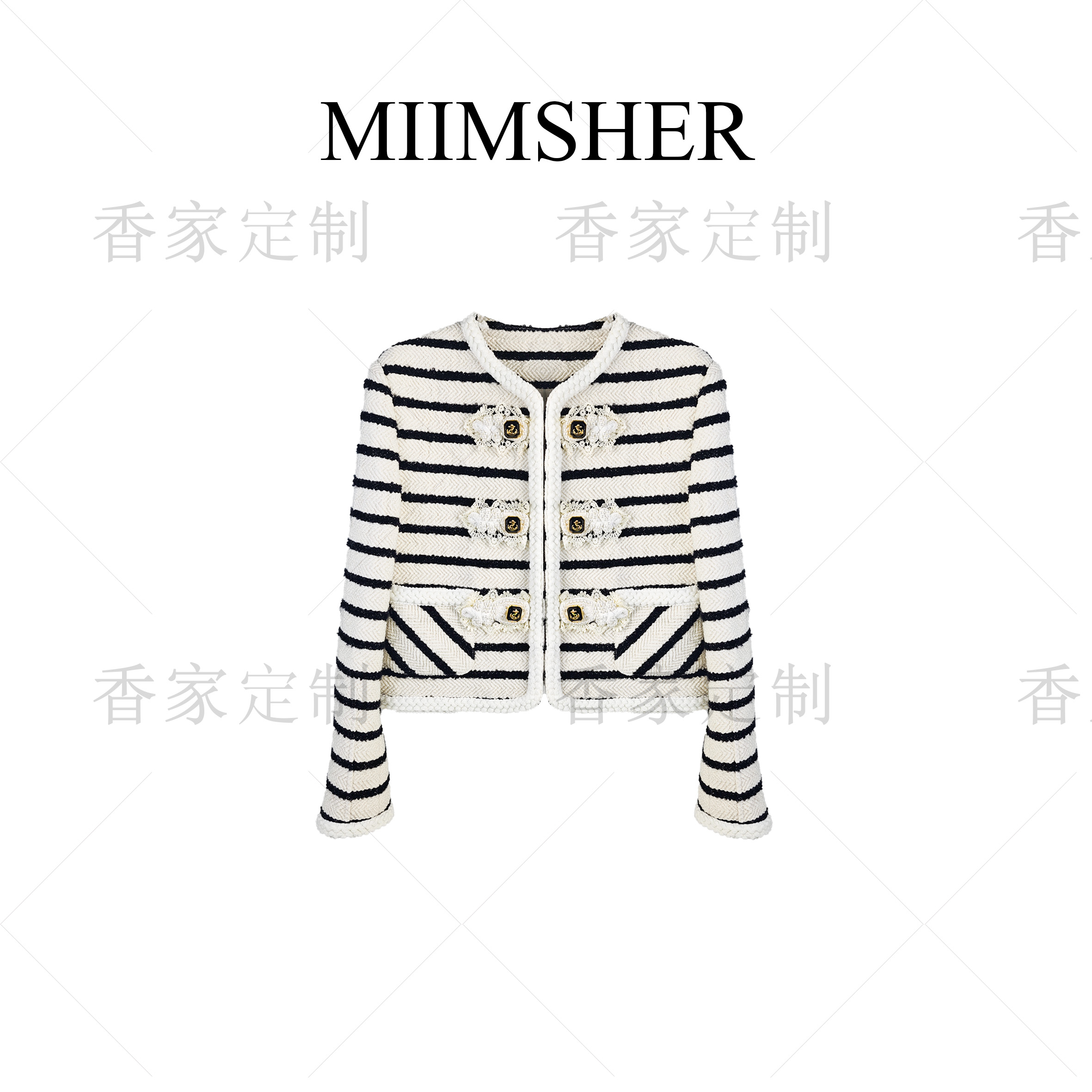 拉fei姆海军~风盘扣粗花呢圆领短外套小香风时尚MS231316