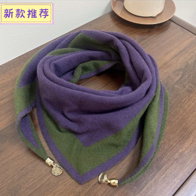 秋冬新款保暖围脖小太阳升级双色针织三角巾磁吸扣设计简约时尚款