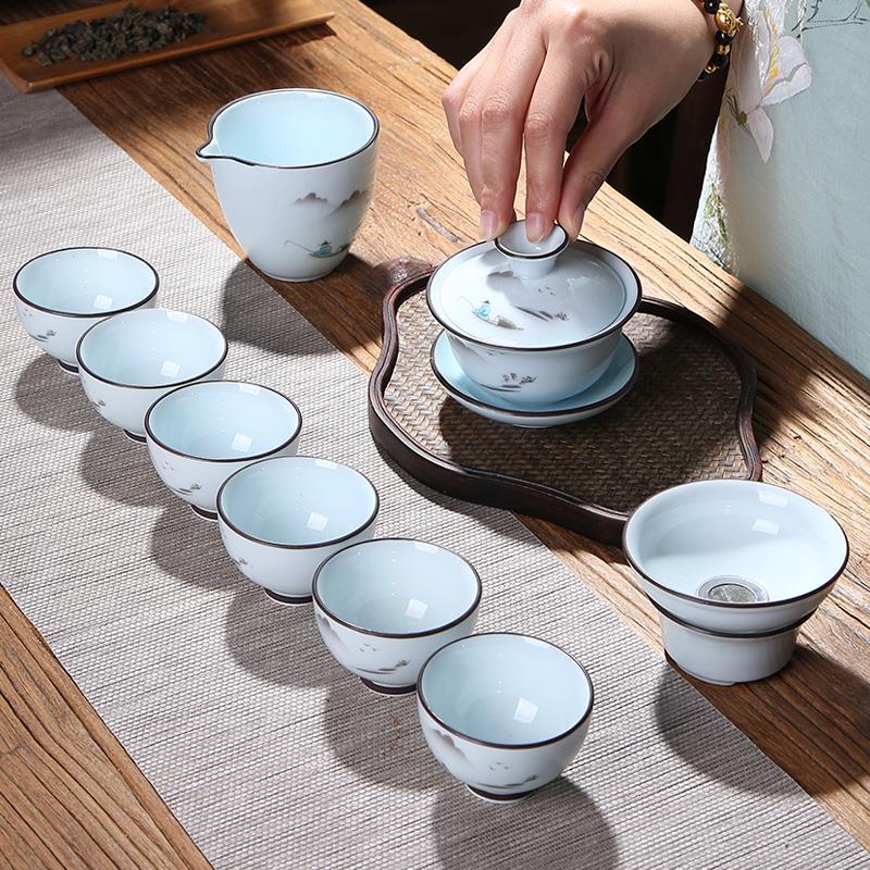 功夫茶具套组家用青瓷简约茶杯陶瓷泡茶器盖碗套装喝茶礼品2023款