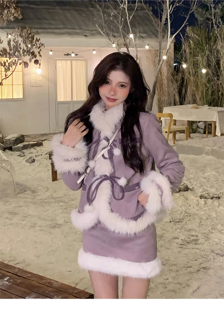 多肉葡萄 秋冬夹棉拼接毛毛富家千金短外套+高腰半身裙套装 8516