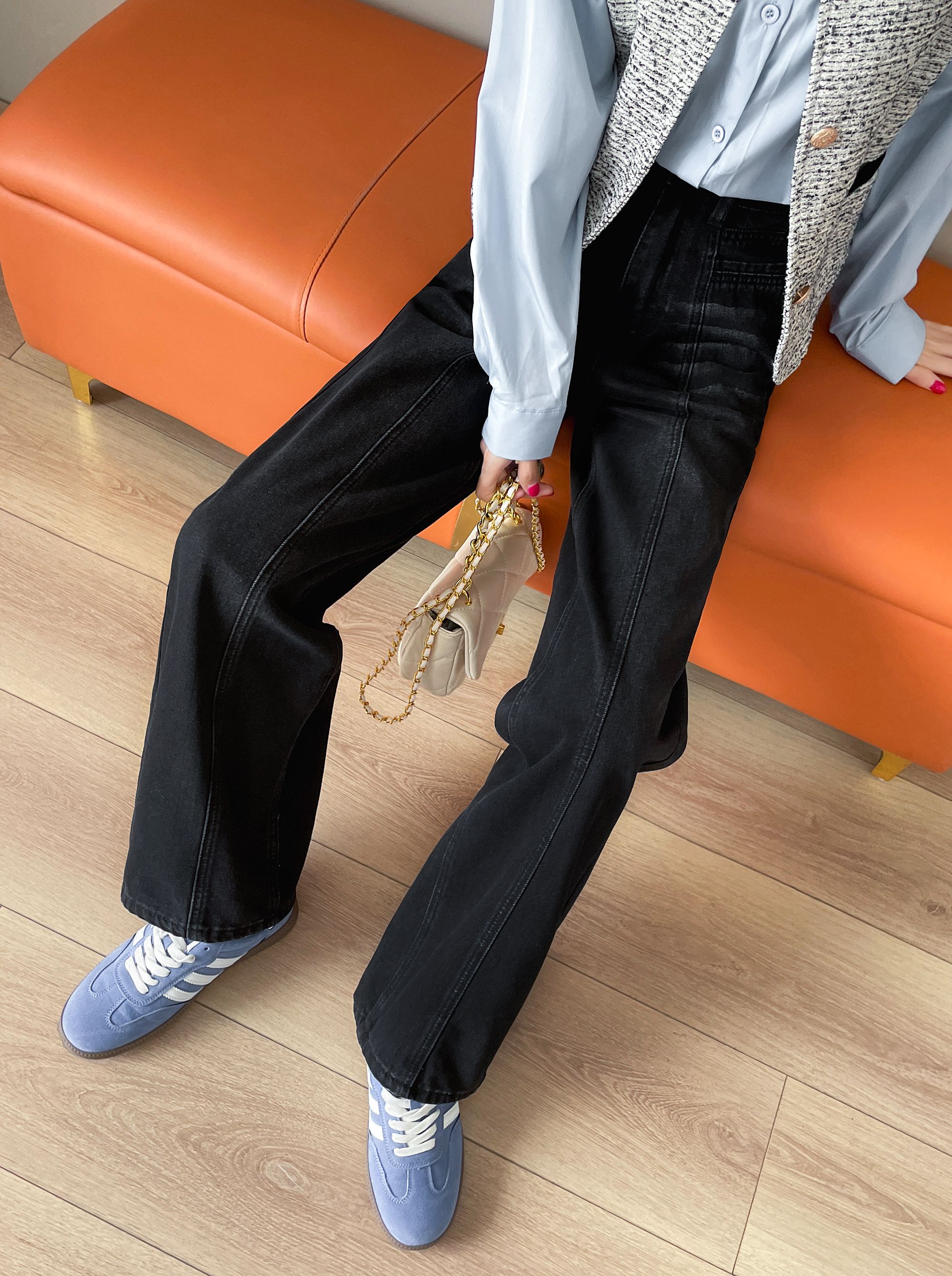 水洗黑设计感小众阔腿牛仔裤2024秋季高腰直筒宽松时尚潮流拖地裤