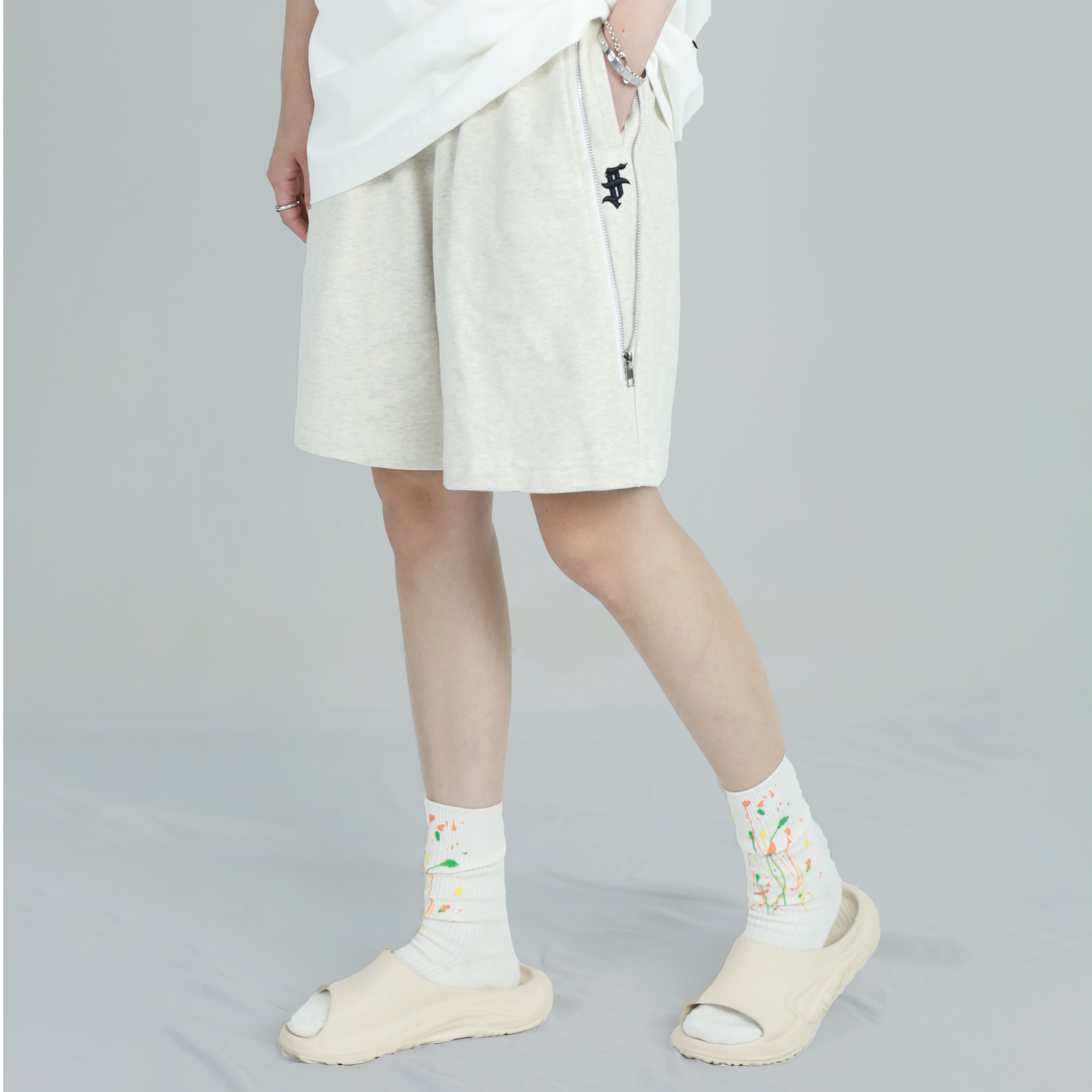 FOR UNIQUE【ORIGINAL短裤】拉链插袋美式高街潮牌绣花运动短裤