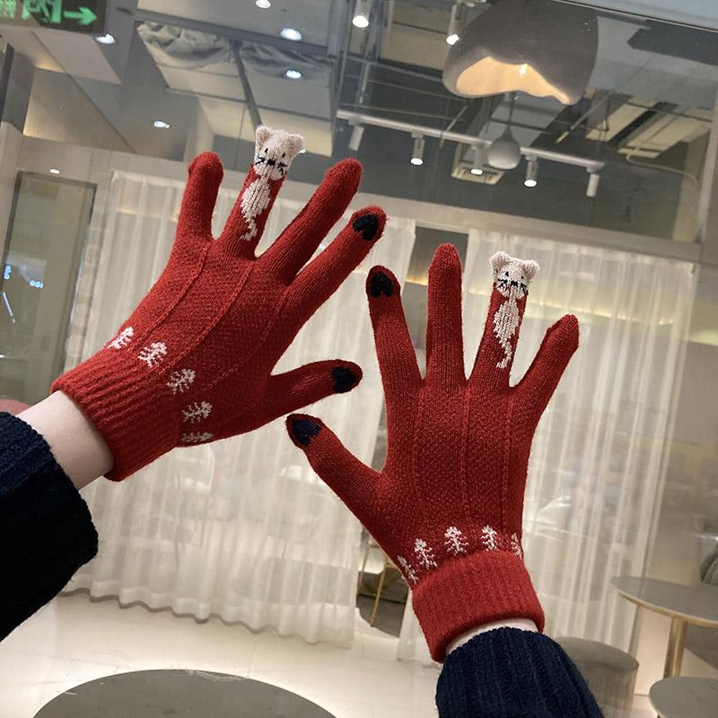 红路皇手套女冬季可爱圣诞节红色可触屏学生骑行开车防寒保暖加绒