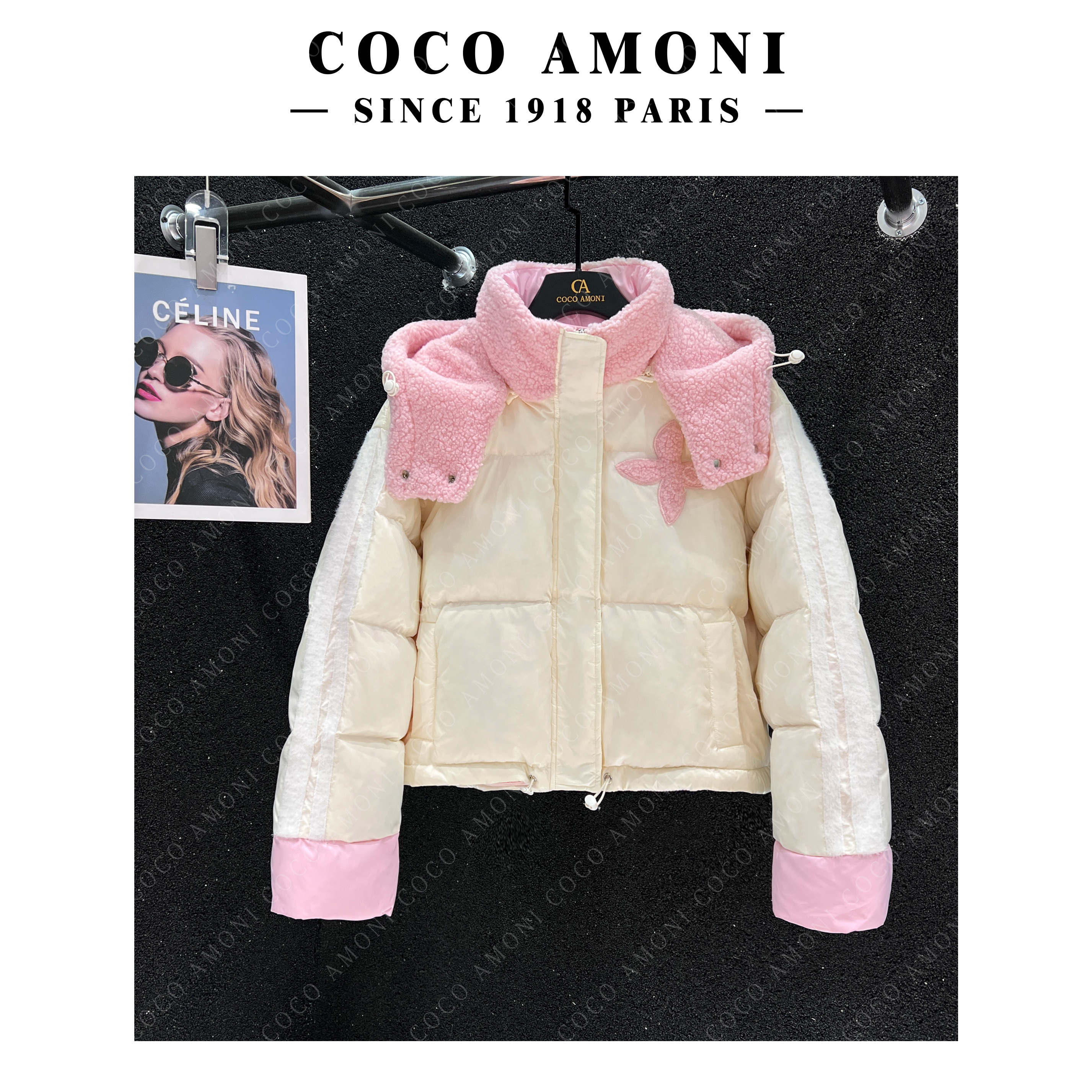 【芝士奶酪】潮流拼接贴布绣立领连帽保暖个性宽松撞色羽绒服YR018